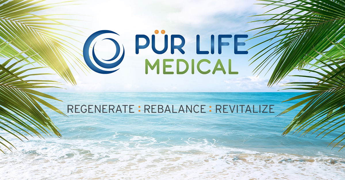 PUR LIFE Medical Logo in front of beach with Regenerate, Rebalance, Revitalize tag line